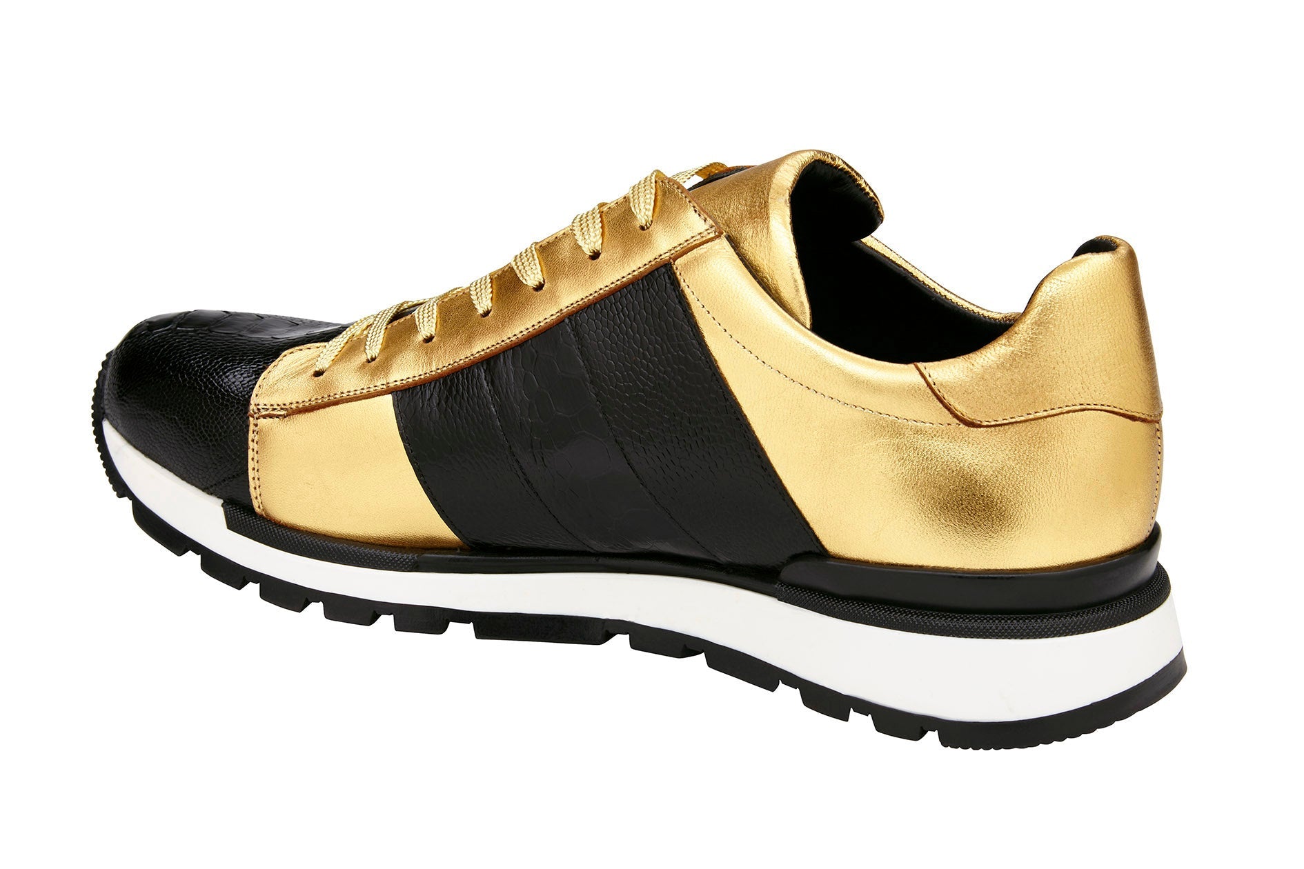 The BELVEDERE Belvedere - Blake sneaker in Black/Gold (33629) features genuine ostrich and Italian calf leather, gold accents, textured panels, a cushioned insole, and a white and black rubber sole; shown in profile on white.