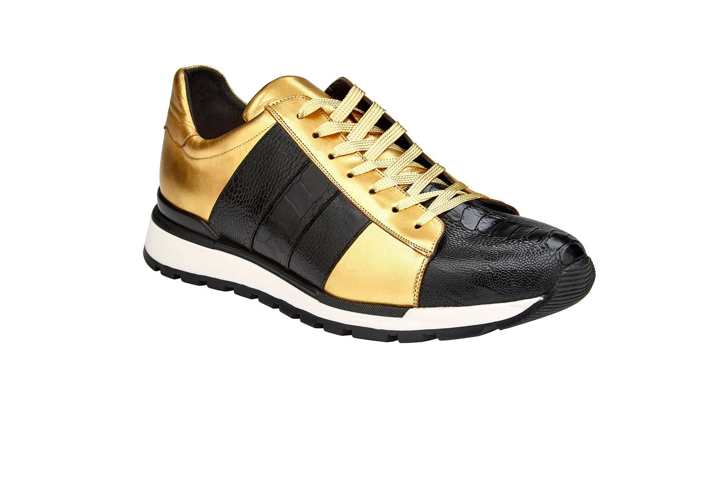 The BELVEDERE Belvedere - Blake sneaker in Black/Gold (33629) features genuine ostrich and Italian calf leather, gold accents, textured panels, a cushioned insole, and a white and black rubber sole; shown in profile on white.