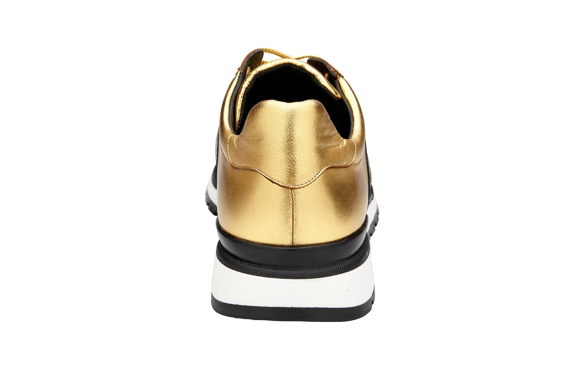 The BELVEDERE Belvedere - Blake sneaker in Black/Gold (33629) features genuine ostrich and Italian calf leather, gold accents, textured panels, a cushioned insole, and a white and black rubber sole; shown in profile on white.