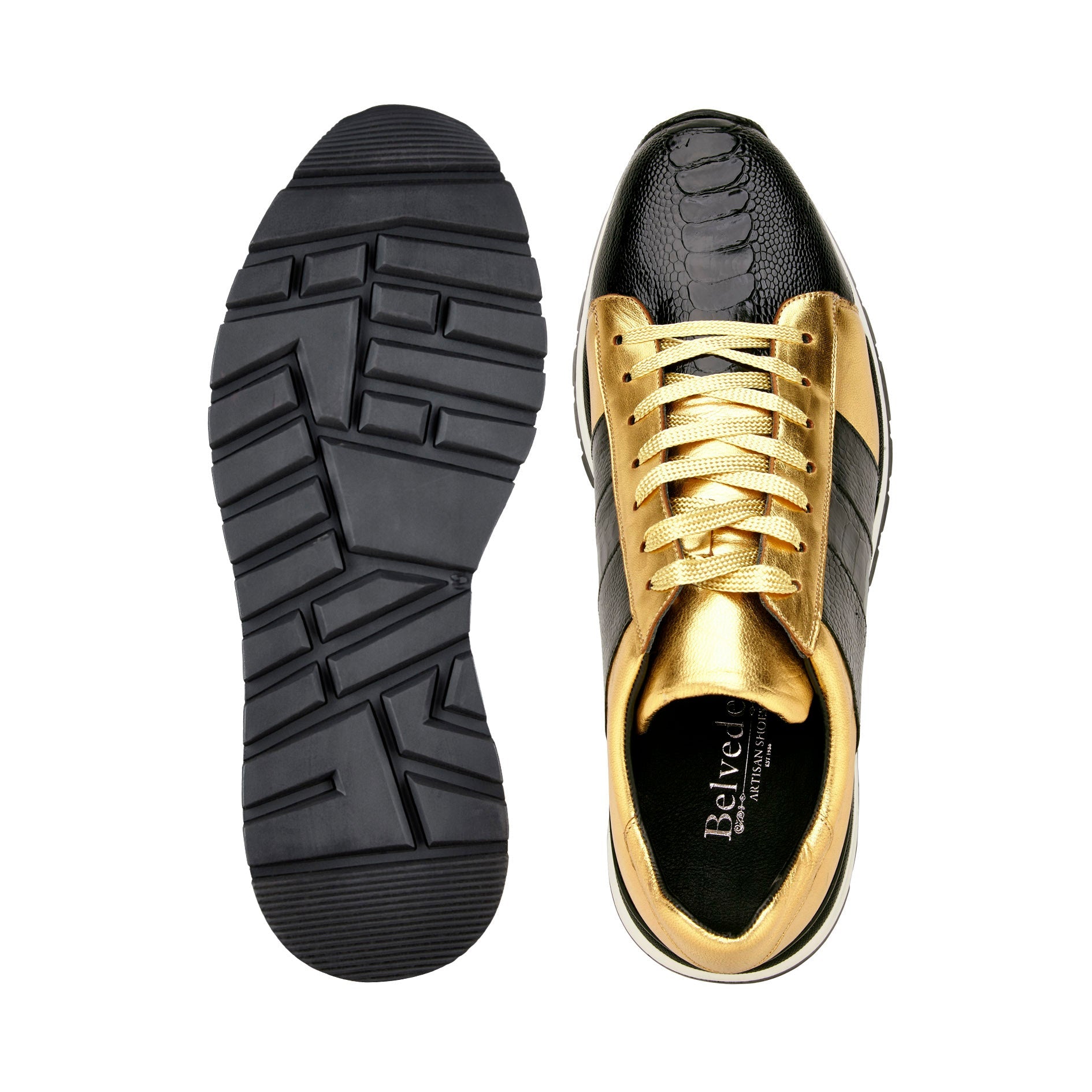 The BELVEDERE Belvedere - Blake sneaker in Black/Gold (33629) features genuine ostrich and Italian calf leather, gold accents, textured panels, a cushioned insole, and a white and black rubber sole; shown in profile on white.
