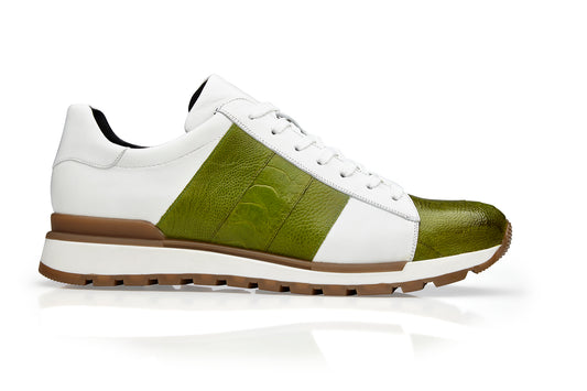 The BELVEDERE Belvedere - Blake is a lime and white sneaker in genuine ostrich and soft Italian calf leather, size 10/11 only, with textured panels and a brown sole.