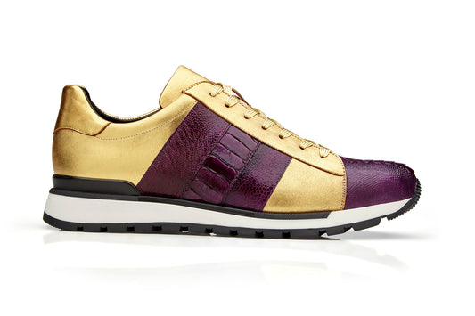 The BELVEDERE Belvedere - Blake sneaker in Purple/Gold (33629) features genuine ostrich and Italian calf leather, a white sole with black tread, and a cushion insole for comfort, shown in side profile against a white background. SIZE 10 11 ONLY.