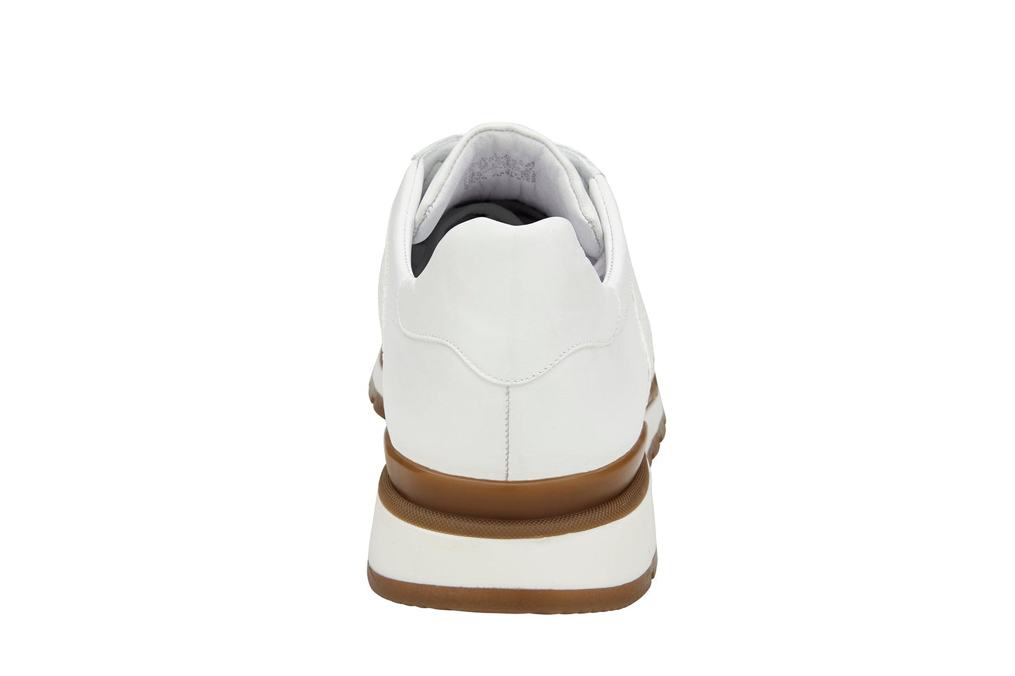 Side view of the BELVEDERE Blake sneaker in white, crafted from genuine ostrich and soft Italian calf leather with white laces, textured panels, and a brown and white rubber sole.