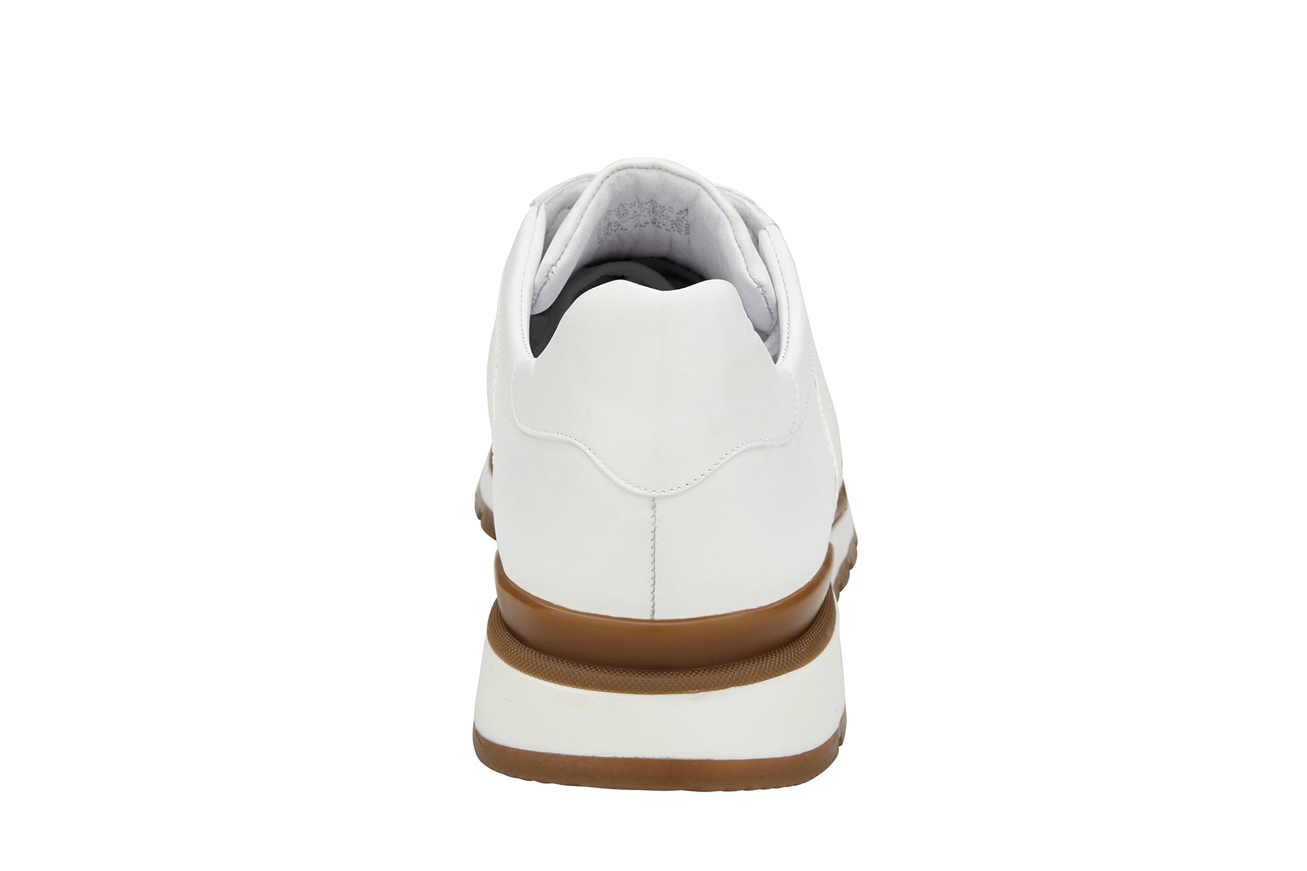 Side view of the BELVEDERE Blake sneaker in white, crafted from genuine ostrich and soft Italian calf leather with white laces, textured panels, and a brown and white rubber sole.
