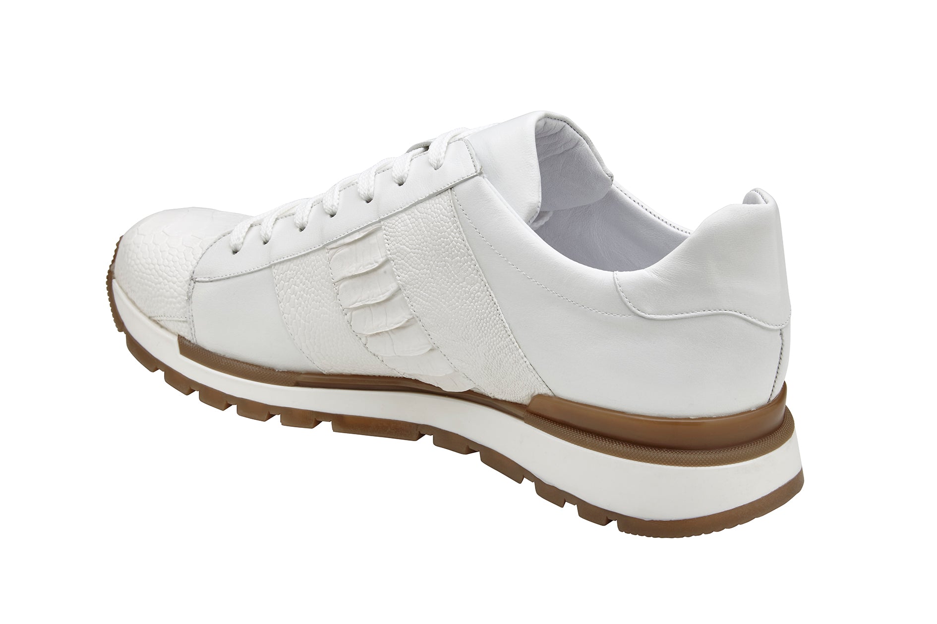 Side view of the BELVEDERE Blake sneaker in white, crafted from genuine ostrich and soft Italian calf leather with white laces, textured panels, and a brown and white rubber sole.