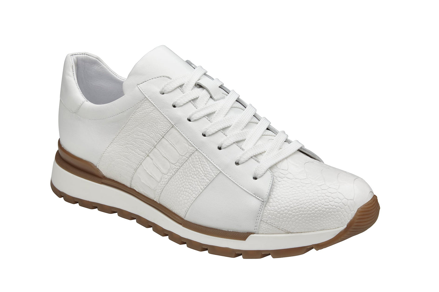 Side view of the BELVEDERE Blake sneaker in white, crafted from genuine ostrich and soft Italian calf leather with white laces, textured panels, and a brown and white rubber sole.