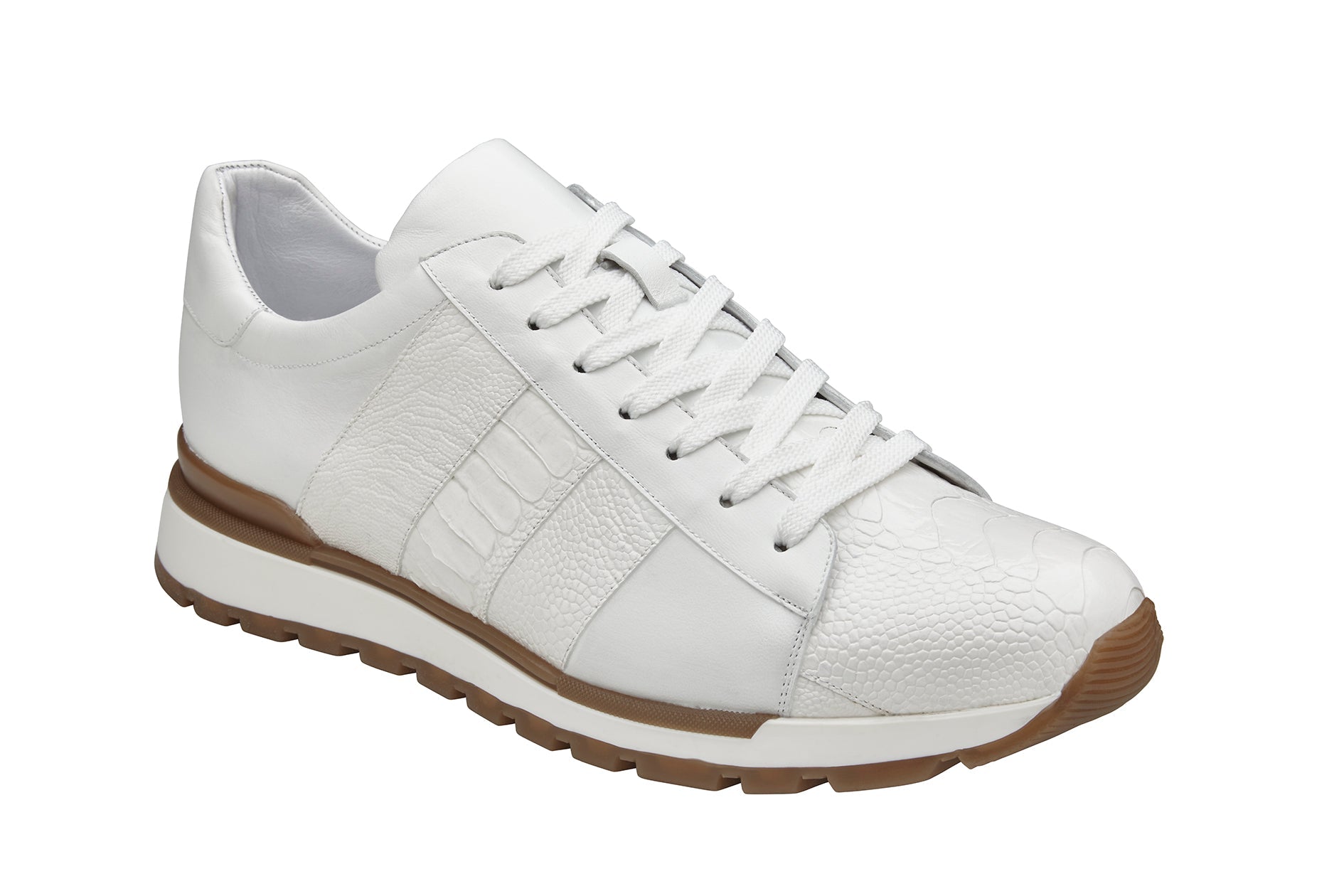 Side view of the BELVEDERE Blake sneaker in white, crafted from genuine ostrich and soft Italian calf leather with white laces, textured panels, and a brown and white rubber sole.