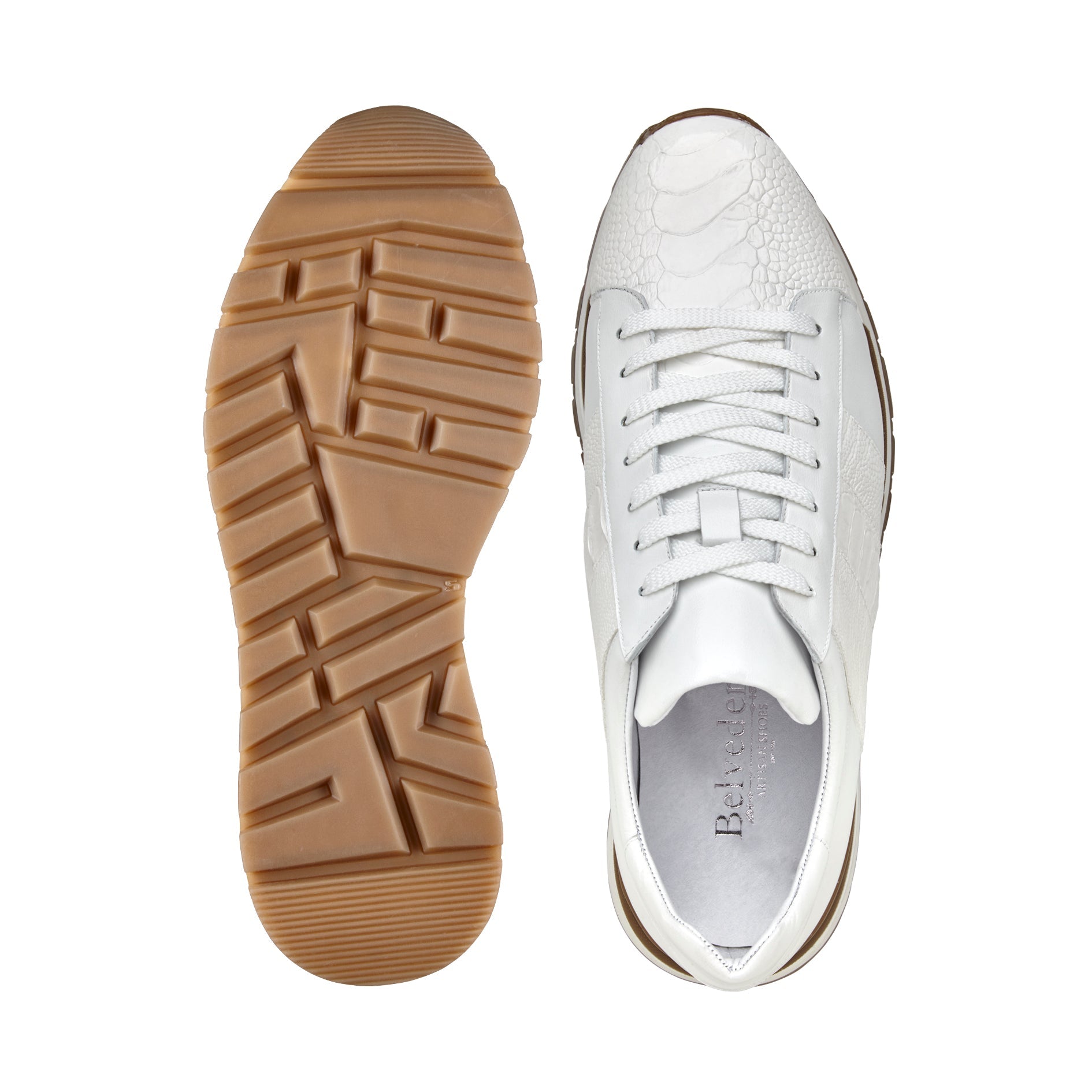 Side view of the BELVEDERE Blake sneaker in white, crafted from genuine ostrich and soft Italian calf leather with white laces, textured panels, and a brown and white rubber sole.
