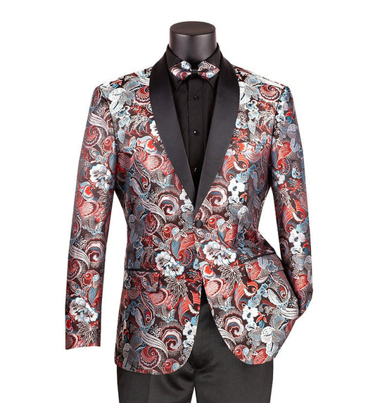 A mannequin displays the Vinci Suits "Modern Fit Paisley Pattern Jacquard Fabric Jacket with Bow Tie Burgundy BM-3," highlighted by an intricate red, white, and black paisley design. It's complemented by a black shirt and bow tie, finished with a sleek shawl lapel.