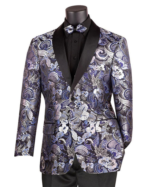 A black mannequin displays the Vinci Suits' Modern Fit Paisley Pattern Jacquard Fabric Jacket with a shawl lapel and bow tie, paired with a black shirt.