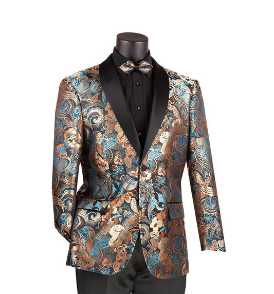 A mannequin displays the Vinci Suits ensemble featuring a Modern Fit Paisley Pattern Jacquard Fabric Jacket with matching teal bow tie, complemented by a black shirt. The shawl lapel adds sophistication and completes the vibrant look.