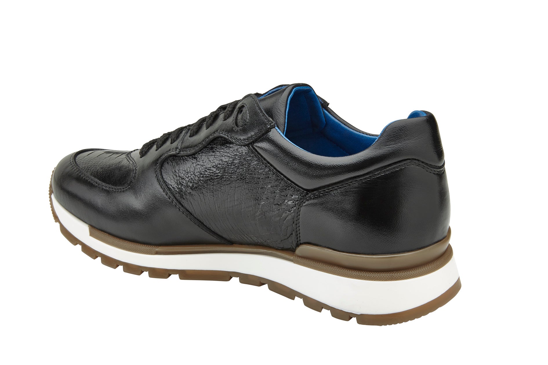 The BELVEDERE Belvedere - Bobo sneaker in size 9 features genuine ostrich leg and Italian calf leather in black, with brown rubber sole, white midsole, and black laces, shown in side profile.