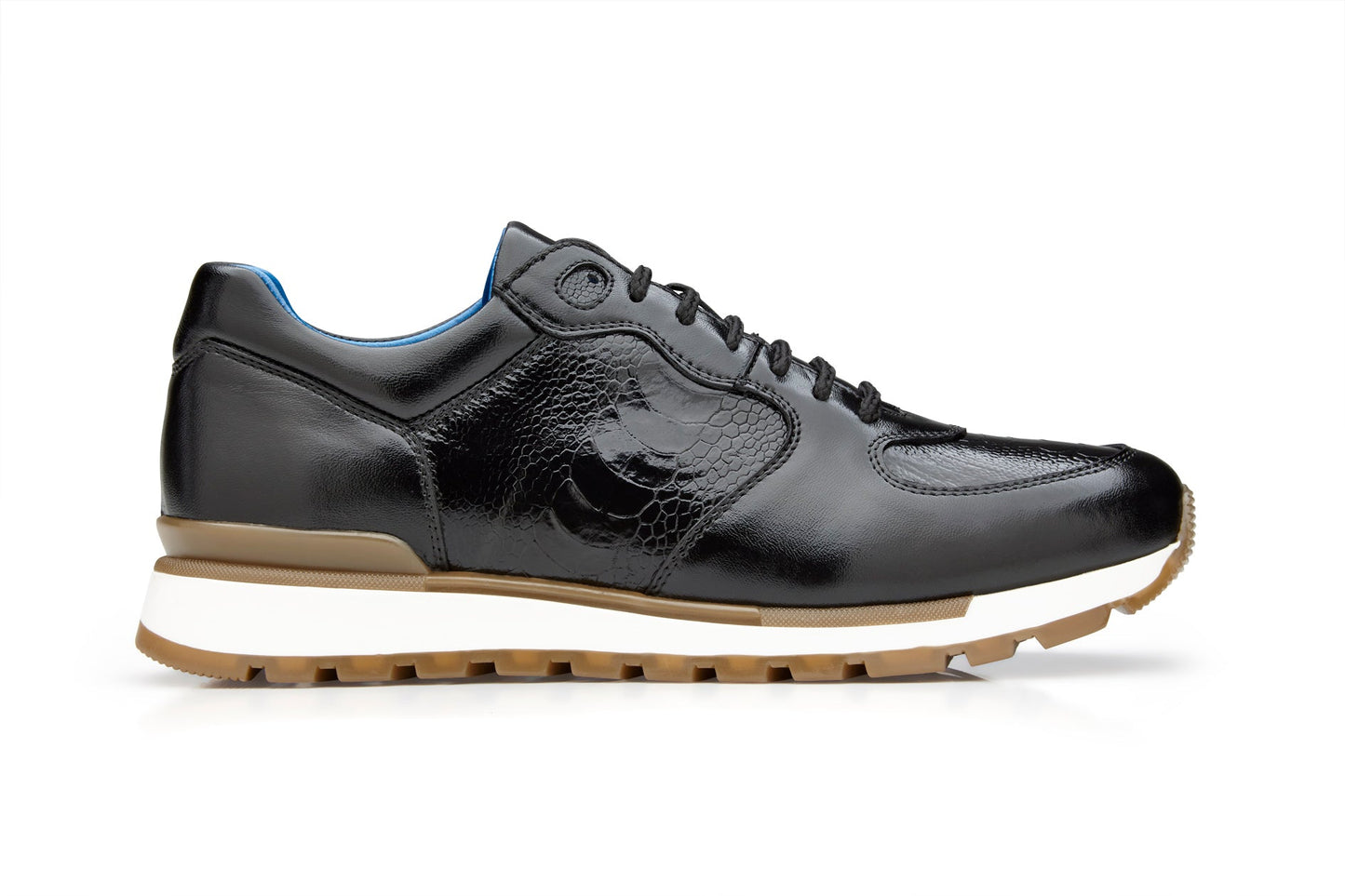 The BELVEDERE Belvedere - Bobo sneaker in size 9 features genuine ostrich leg and Italian calf leather in black, with brown rubber sole, white midsole, and black laces, shown in side profile.