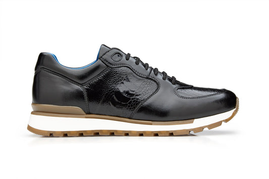 The BELVEDERE Belvedere - Bobo sneaker in size 9 features genuine ostrich leg and Italian calf leather in black, with brown rubber sole, white midsole, and black laces, shown in side profile.