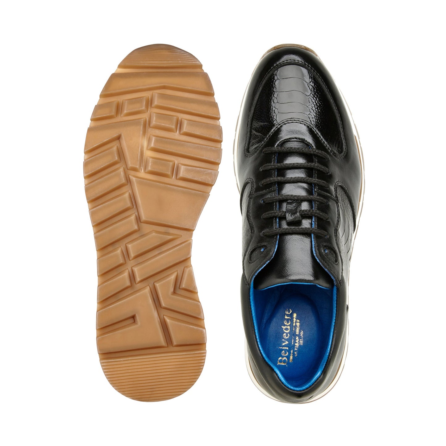 The BELVEDERE Belvedere - Bobo sneaker in size 9 features genuine ostrich leg and Italian calf leather in black, with brown rubber sole, white midsole, and black laces, shown in side profile.
