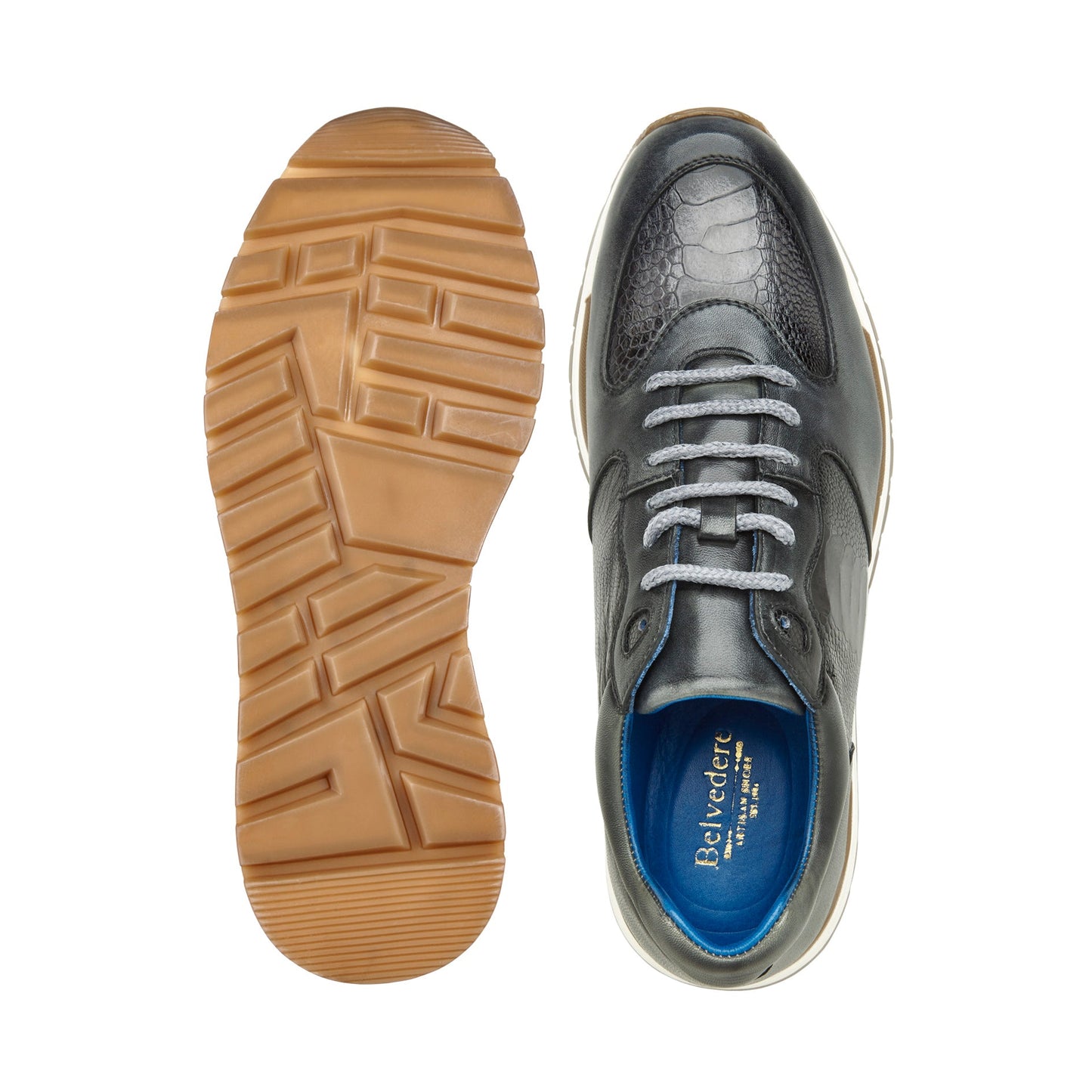 The BELVEDERE Belvedere - Bobo sneaker (size 9 only) features genuine ostrich leg and Italian calf leather in antique light gray, with textured panels, white/gray laces, a white midsole, leather lining, and a brown rubber outsole.