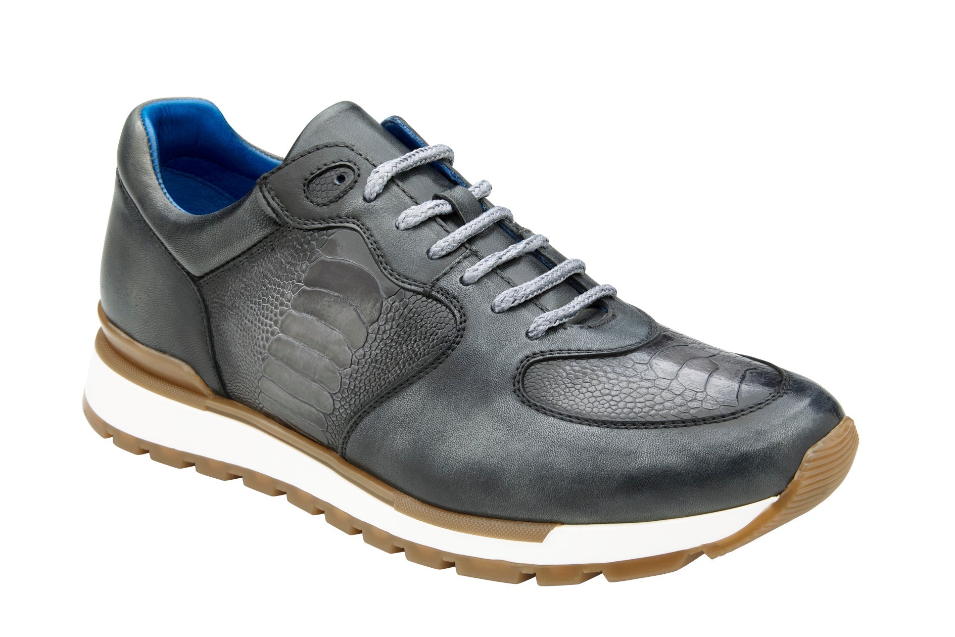 The BELVEDERE Belvedere - Bobo sneaker (size 9 only) features genuine ostrich leg and Italian calf leather in antique light gray, with textured panels, white/gray laces, a white midsole, leather lining, and a brown rubber outsole.