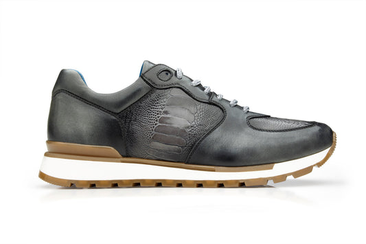 The BELVEDERE Belvedere - Bobo sneaker (size 9 only) features genuine ostrich leg and Italian calf leather in antique light gray, with textured panels, white/gray laces, a white midsole, leather lining, and a brown rubber outsole.
