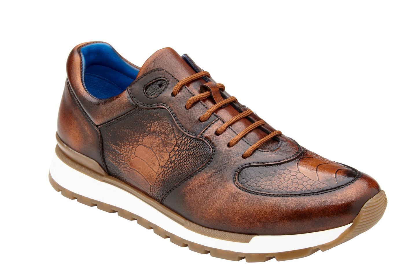 The BELVEDERE Belvedere - Bobo sneaker in Antique Walnut (size 11 only) features genuine ostrich leg and Italian calf leather, textured side panels, tan laces, leather lining, white midsole, and a light brown ridged outsole.