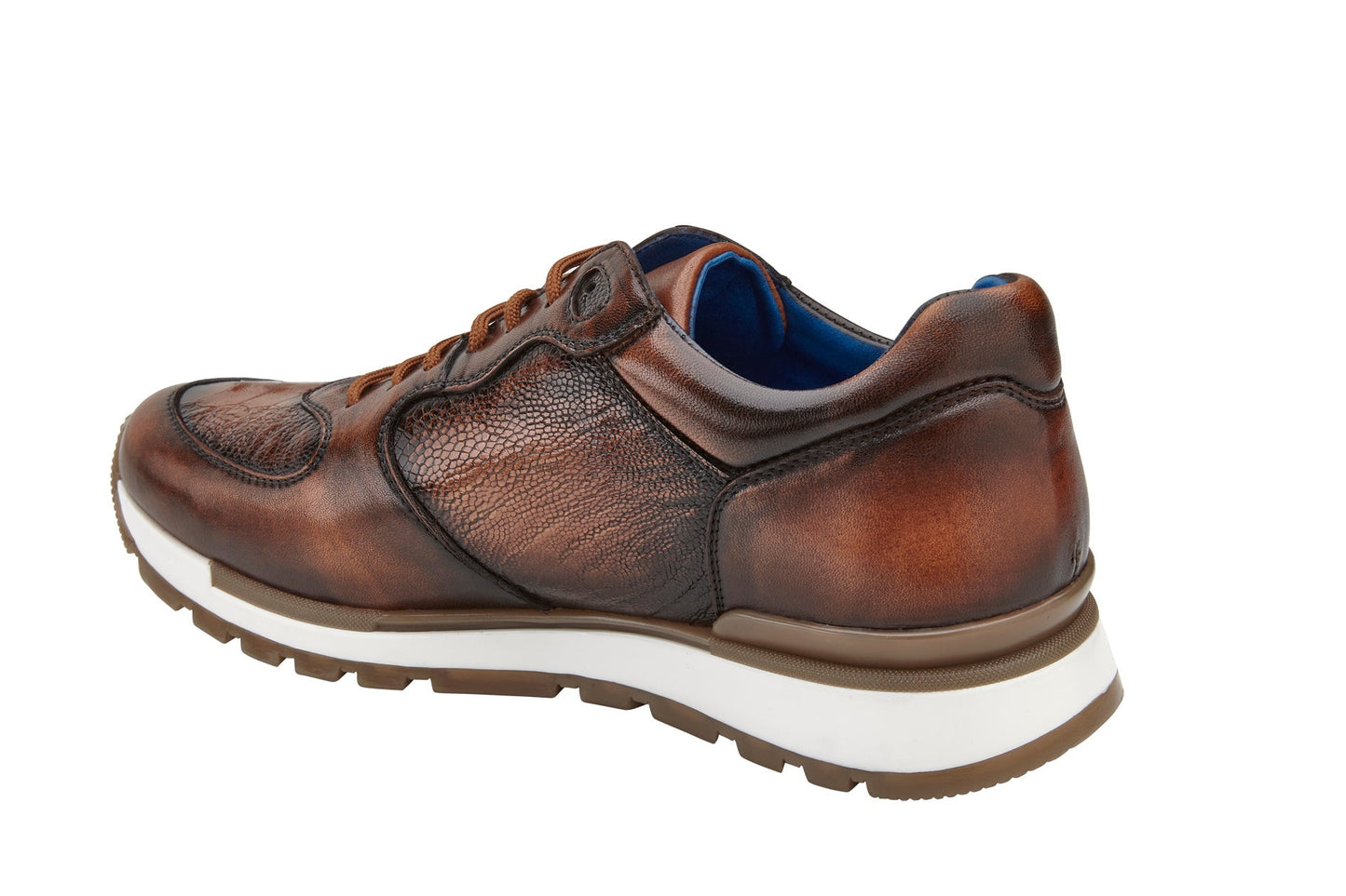 The BELVEDERE Belvedere - Bobo sneaker in Antique Walnut (size 11 only) features genuine ostrich leg and Italian calf leather, textured side panels, tan laces, leather lining, white midsole, and a light brown ridged outsole.