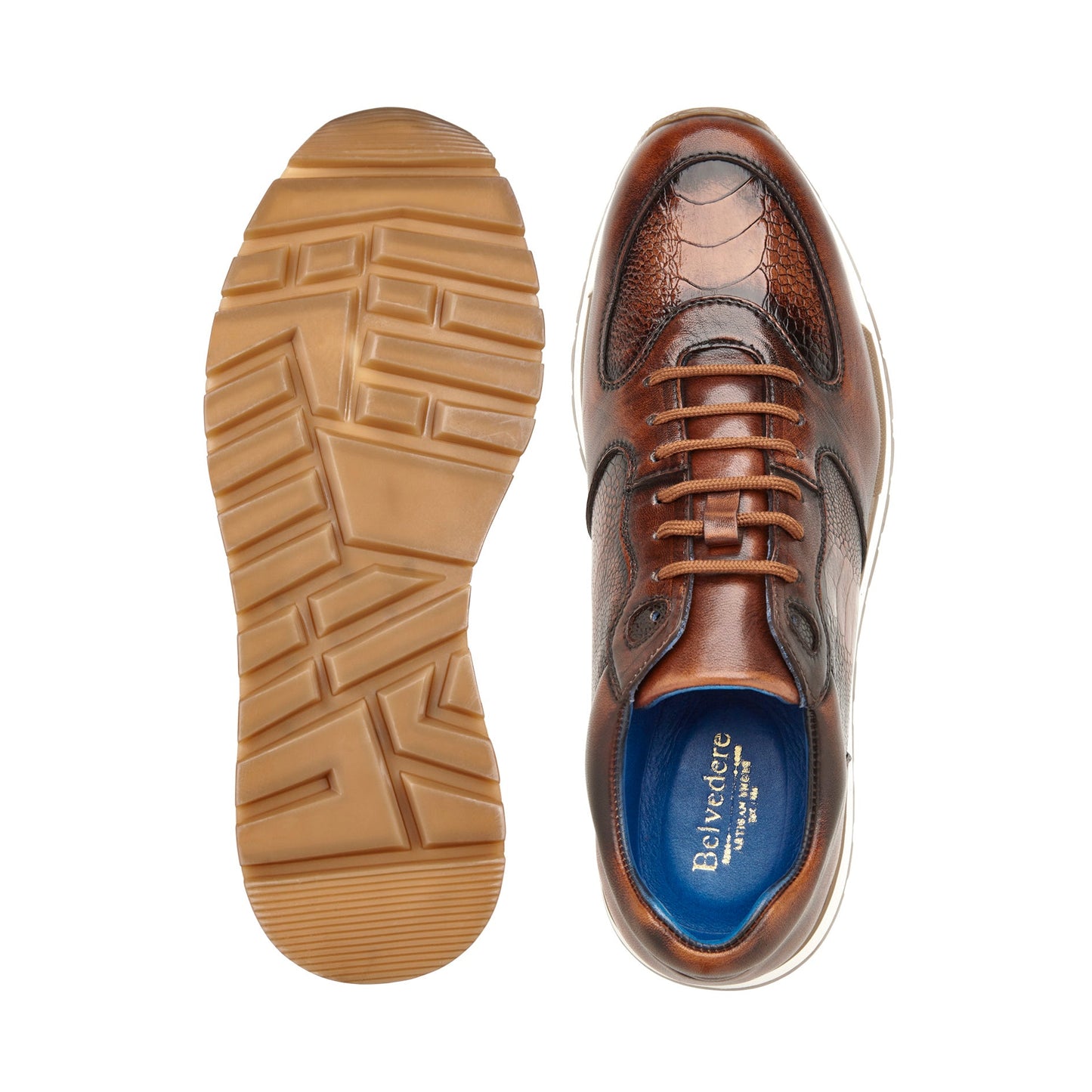 The BELVEDERE Belvedere - Bobo sneaker in Antique Walnut (size 11 only) features genuine ostrich leg and Italian calf leather, textured side panels, tan laces, leather lining, white midsole, and a light brown ridged outsole.