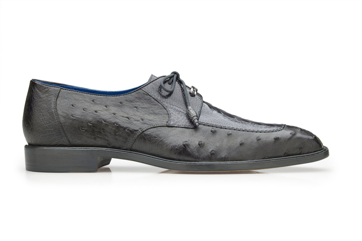 The BELVEDERE Bolero Genuine Ostrich Dress Shoe in gray (R43) features a textured, dotted surface and laces, displayed in a side profile view on a white background.