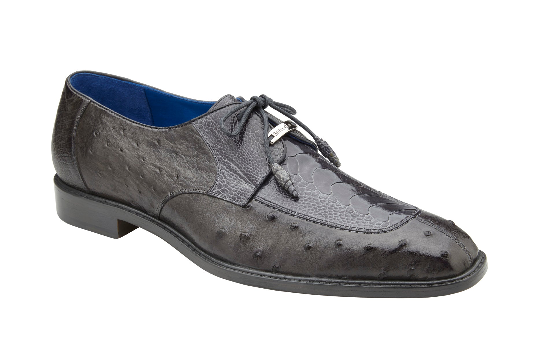 The BELVEDERE Bolero Genuine Ostrich Dress Shoe in gray (R43) features a textured, dotted surface and laces, displayed in a side profile view on a white background.