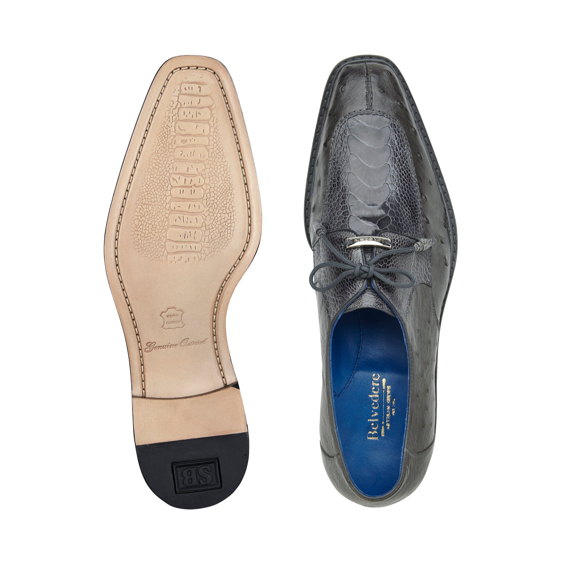 The BELVEDERE Bolero Genuine Ostrich Dress Shoe in gray (R43) features a textured, dotted surface and laces, displayed in a side profile view on a white background.