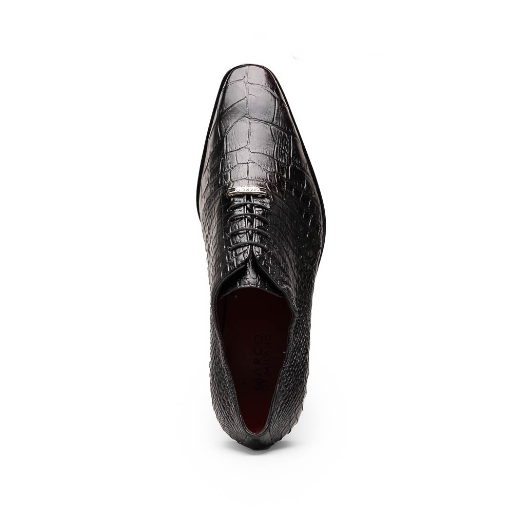 The Marco Di Milano Bono Black features a pair of luxury dress shoes in a crocodile pattern—one upright and one displaying a brown branded sole.