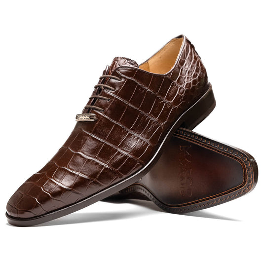 The Bono Brown by Marco Di Milano: genuine alligator Oxfords in brown—one upright displaying laces, the other showing the sole and stitching—a stunning example of luxury footwear.