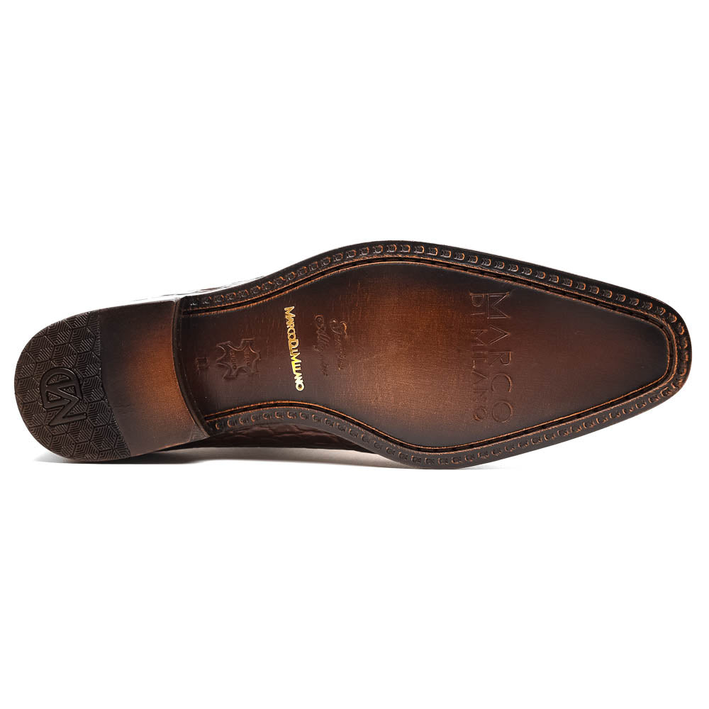 The Bono Brown by Marco Di Milano: genuine alligator Oxfords in brown—one upright displaying laces, the other showing the sole and stitching—a stunning example of luxury footwear.