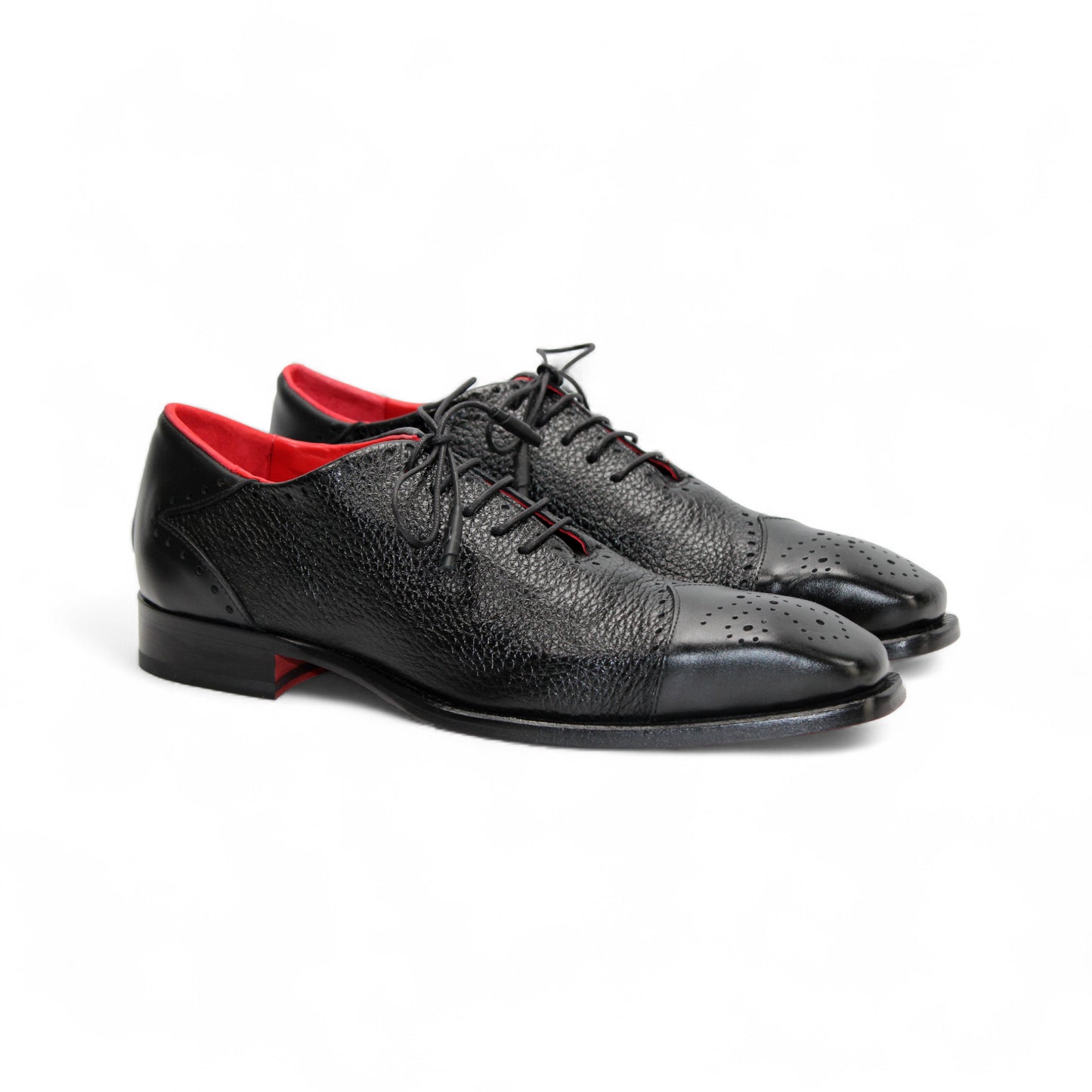 The Emilio Franco Bosco Black is a black Italian leather dress shoe with a textured surface, black laces, low heel, and red interior lining—luxury footwear from Emilio Franco, showcased on a white background.