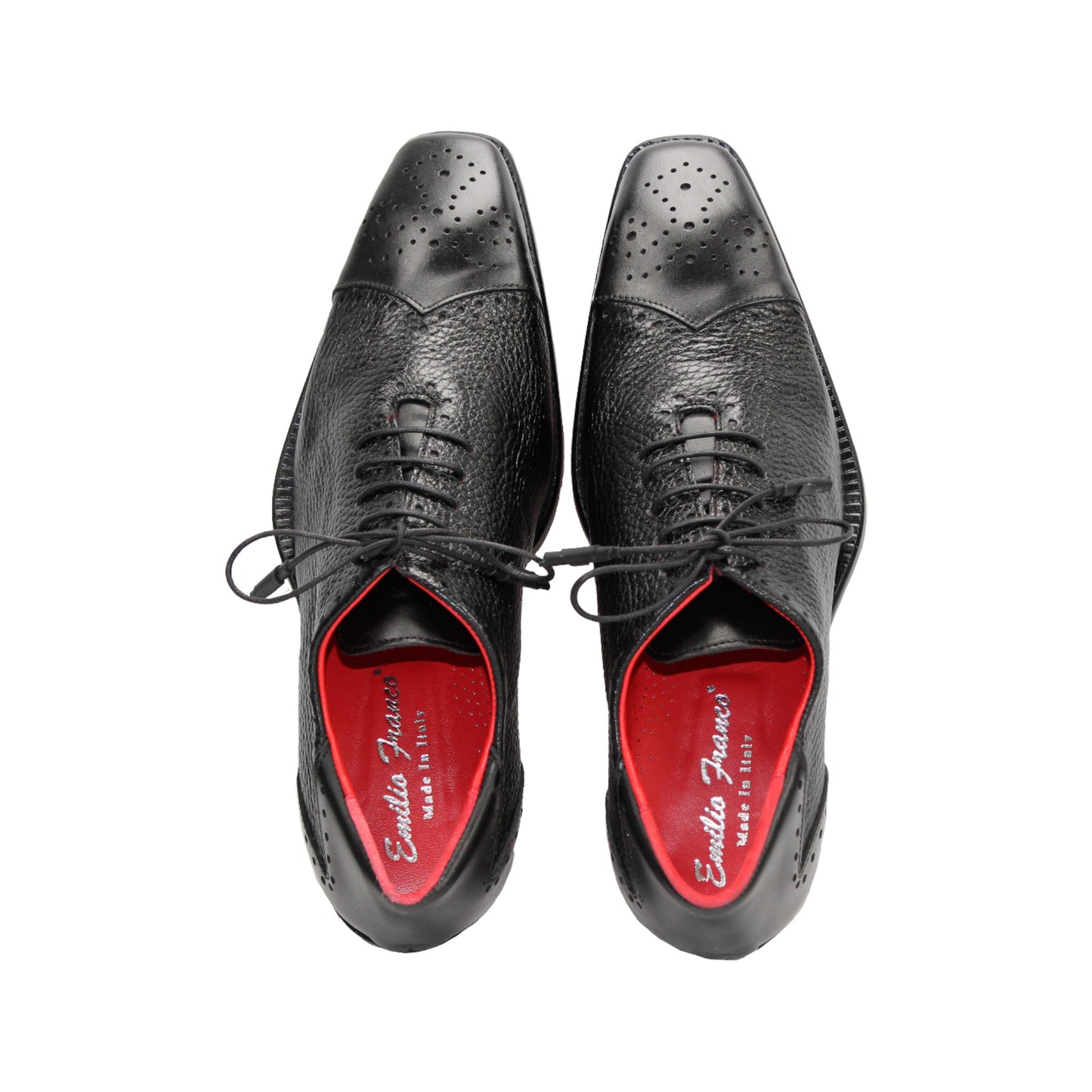 The Emilio Franco Bosco Black is a black Italian leather dress shoe with a textured surface, black laces, low heel, and red interior lining—luxury footwear from Emilio Franco, showcased on a white background.