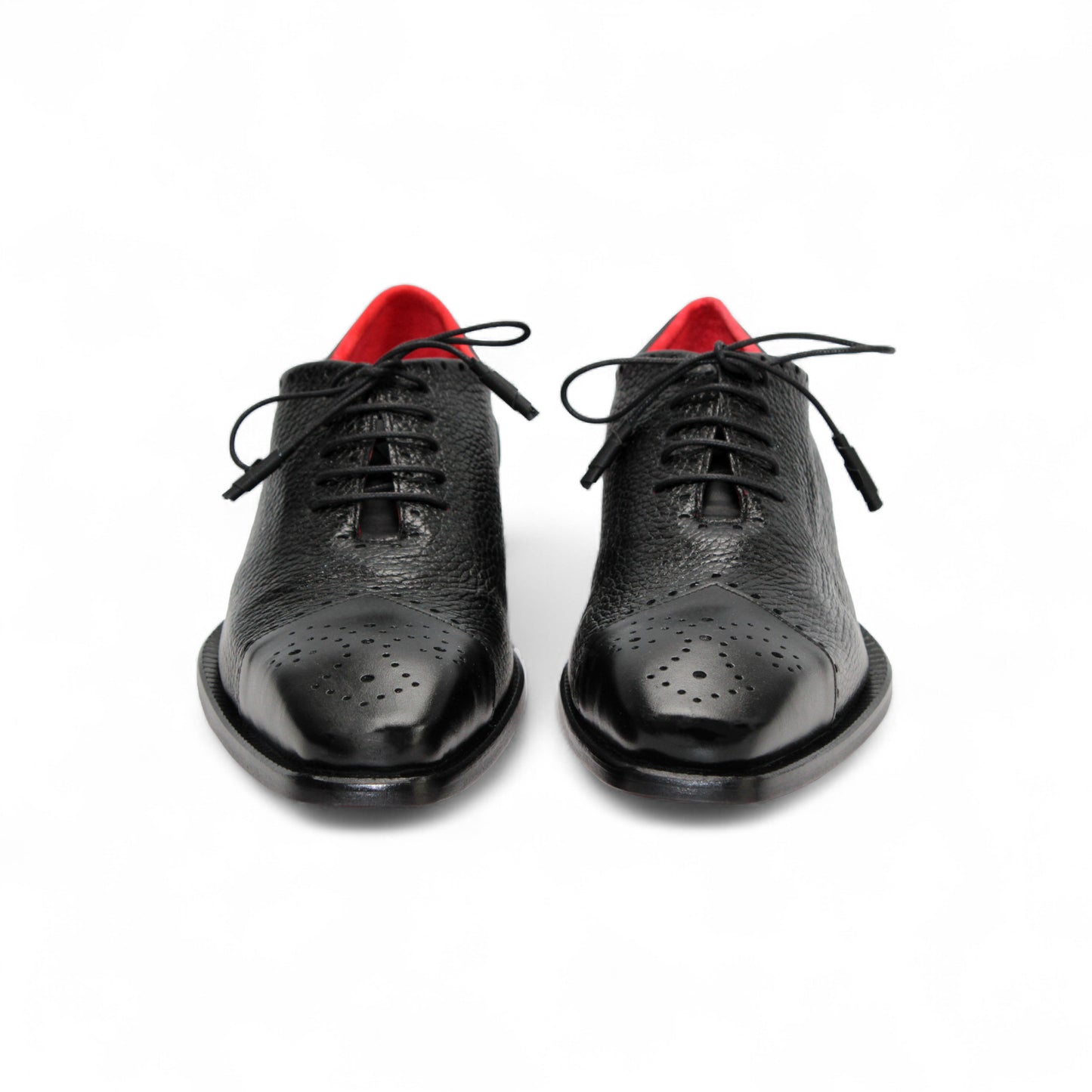 The Emilio Franco Bosco Black is a black Italian leather dress shoe with a textured surface, black laces, low heel, and red interior lining—luxury footwear from Emilio Franco, showcased on a white background.