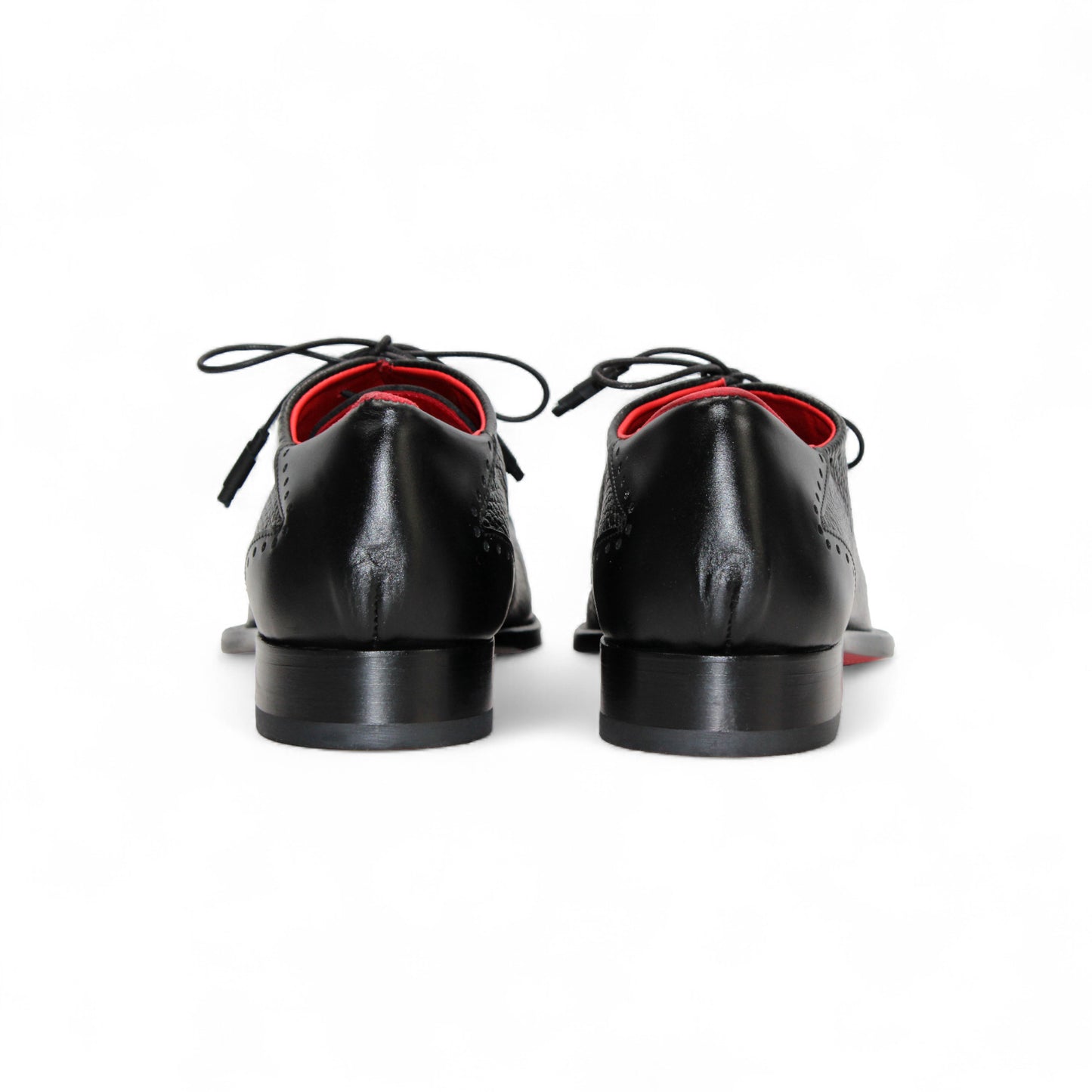 The Emilio Franco Bosco Black is a black Italian leather dress shoe with a textured surface, black laces, low heel, and red interior lining—luxury footwear from Emilio Franco, showcased on a white background.