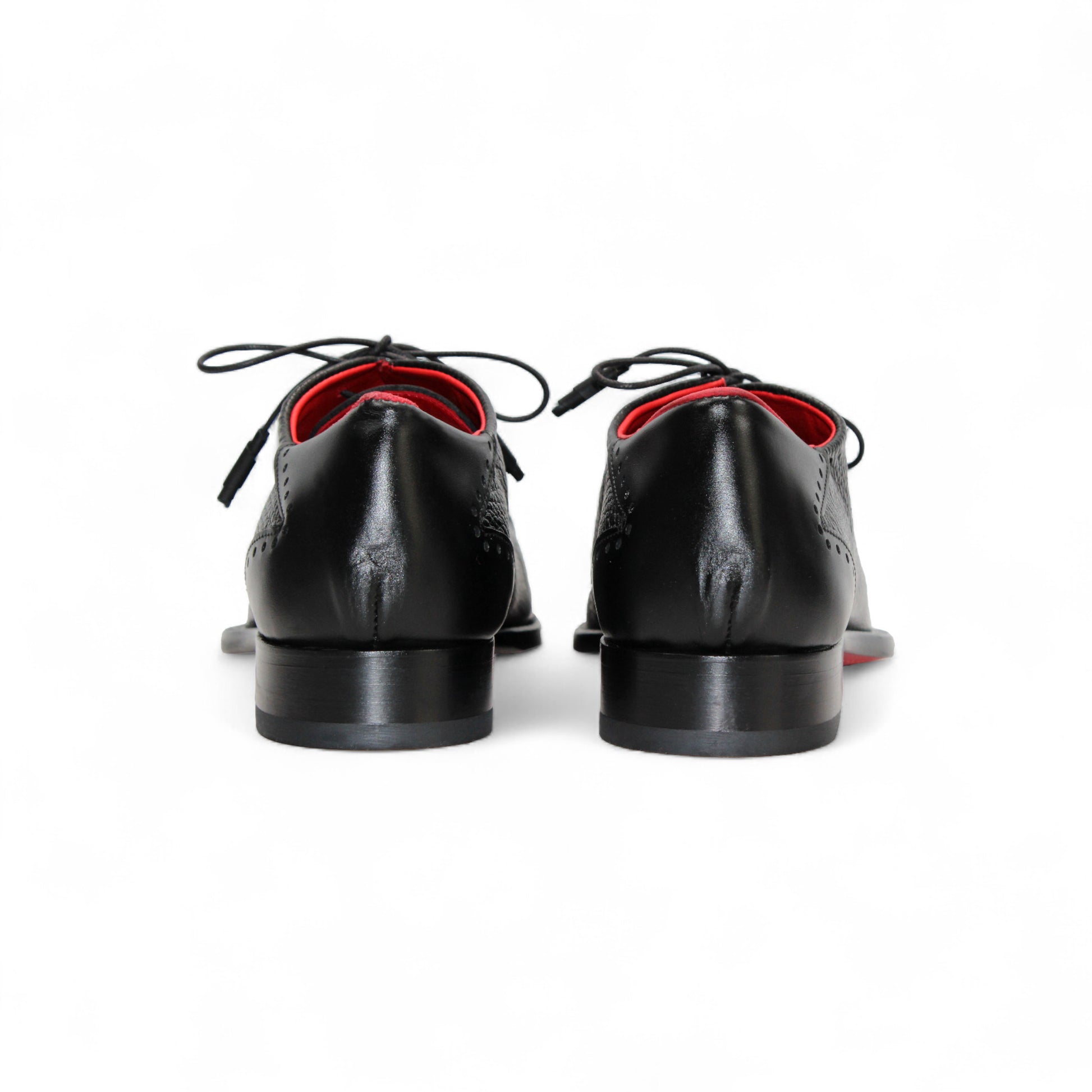The Emilio Franco Bosco Black is a black Italian leather dress shoe with a textured surface, black laces, low heel, and red interior lining—luxury footwear from Emilio Franco, showcased on a white background.
