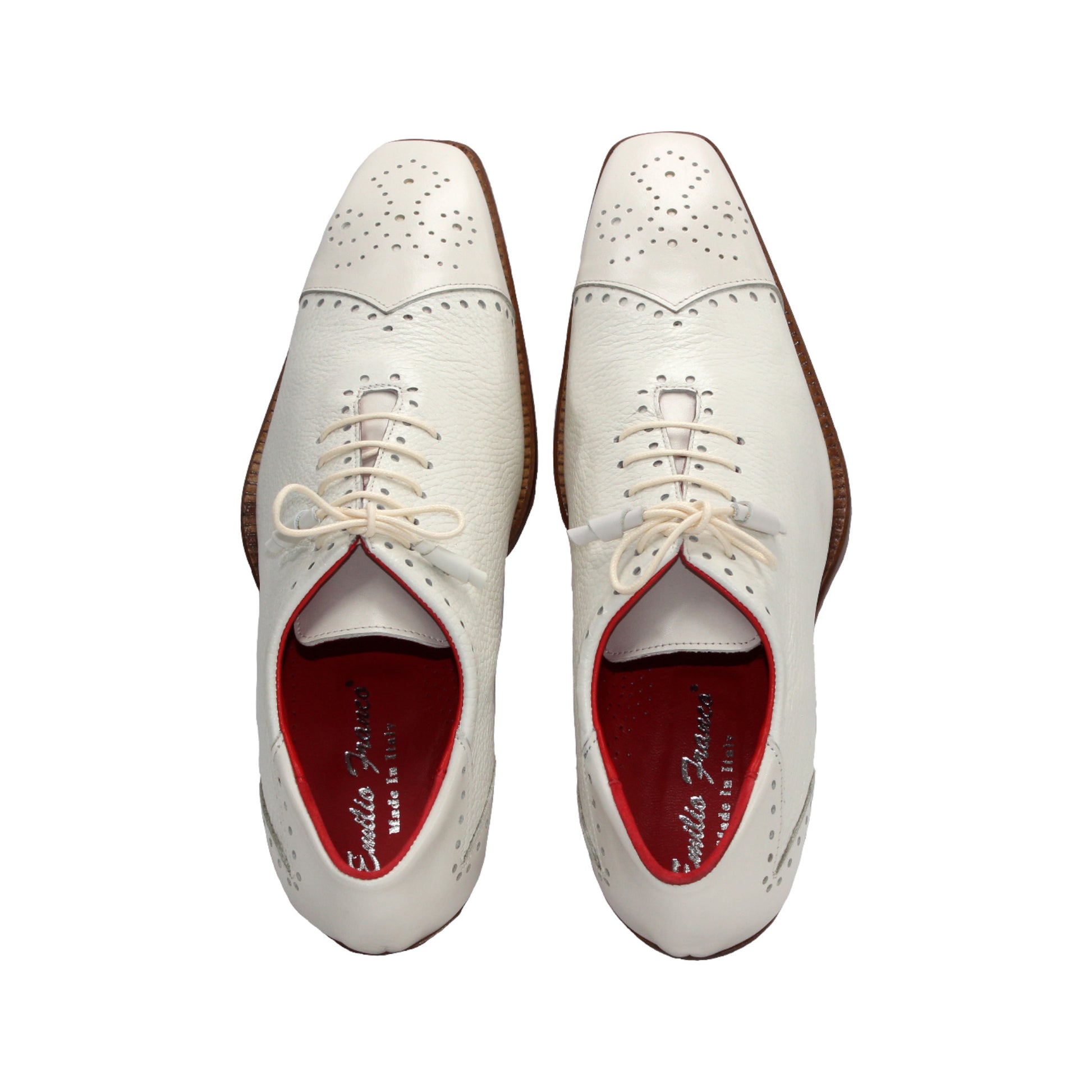 The Emilio Franco Bosco Bone is a handcrafted Italian oxford shoe in white genuine leather, featuring decorative perforations, a low wooden heel, red inner lining, and shown in profile on a white background.