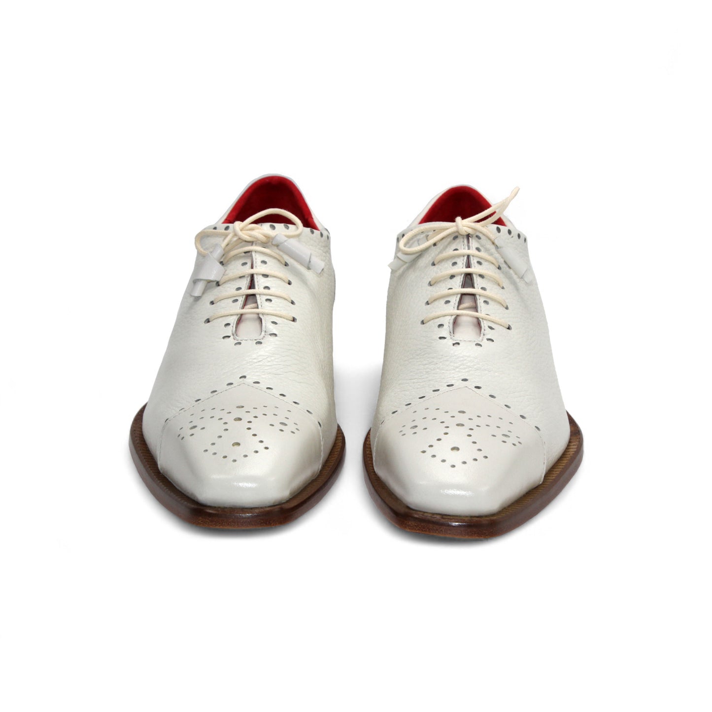The Emilio Franco Bosco Bone is a handcrafted Italian oxford shoe in white genuine leather, featuring decorative perforations, a low wooden heel, red inner lining, and shown in profile on a white background.