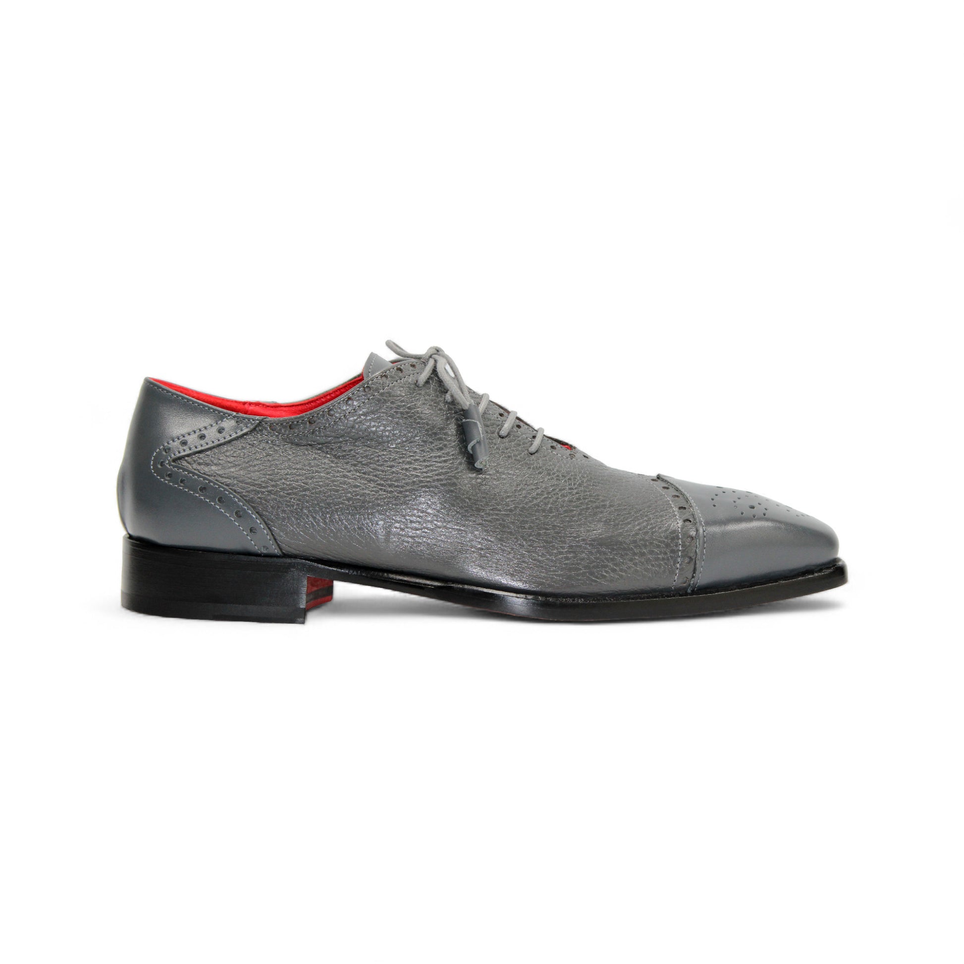The Emilio Franco Bosco Grey is an Italian handcrafted leather dress shoe featuring laces, a red inner lining, cap toe detail, and a low black heel, showcased in side profile on a white background.
