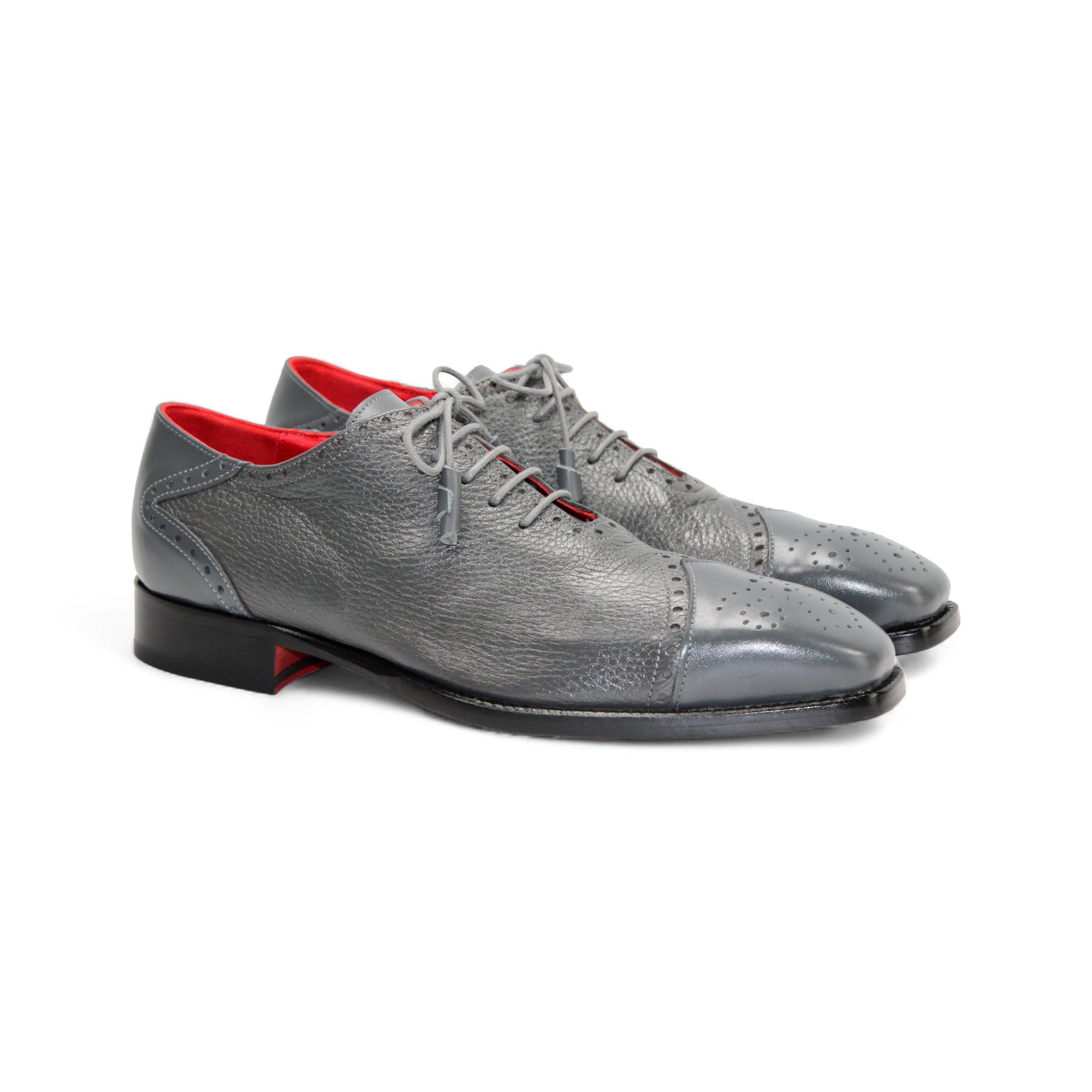 The Emilio Franco Bosco Grey is an Italian handcrafted leather dress shoe featuring laces, a red inner lining, cap toe detail, and a low black heel, showcased in side profile on a white background.