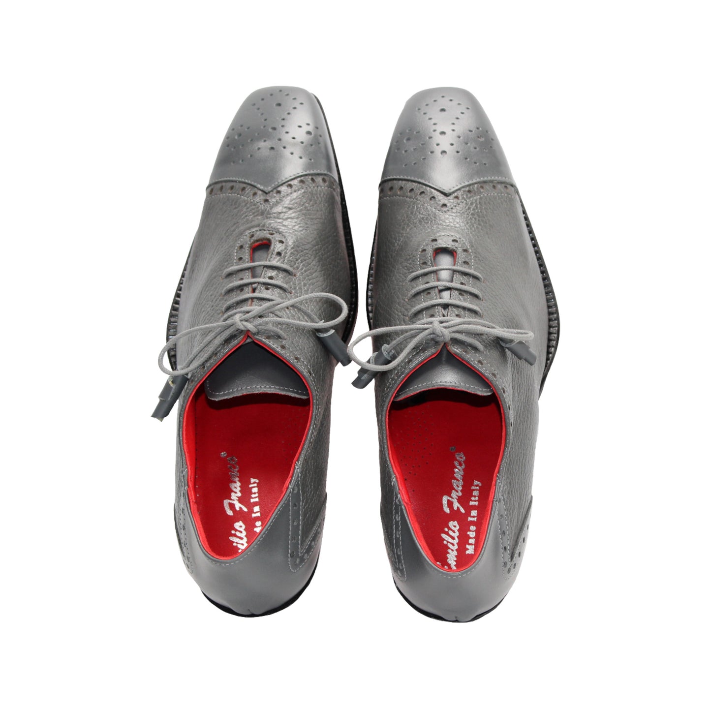 The Emilio Franco Bosco Grey is an Italian handcrafted leather dress shoe featuring laces, a red inner lining, cap toe detail, and a low black heel, showcased in side profile on a white background.