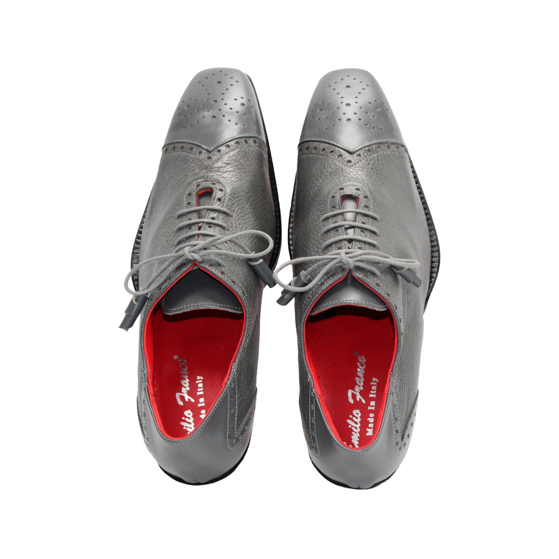 The Emilio Franco Bosco Grey is an Italian handcrafted leather dress shoe featuring laces, a red inner lining, cap toe detail, and a low black heel, showcased in side profile on a white background.