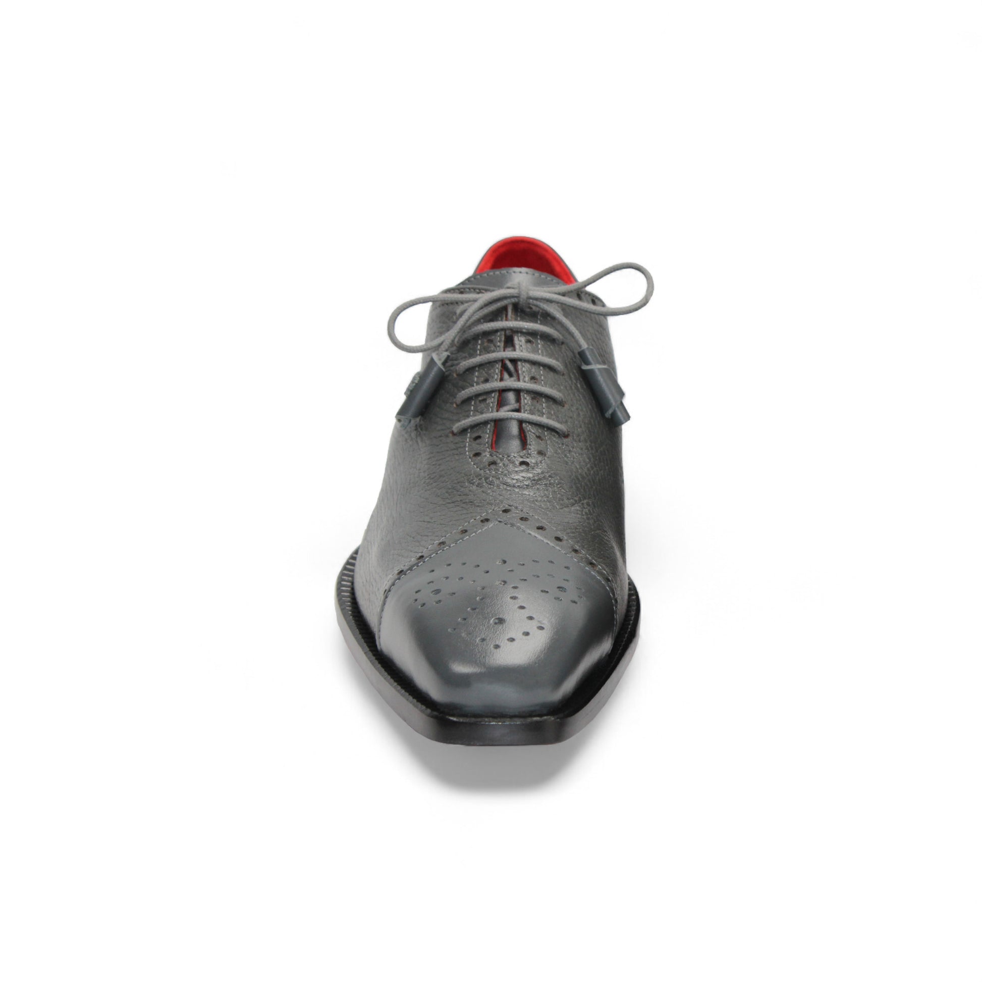 The Emilio Franco Bosco Grey is an Italian handcrafted leather dress shoe featuring laces, a red inner lining, cap toe detail, and a low black heel, showcased in side profile on a white background.