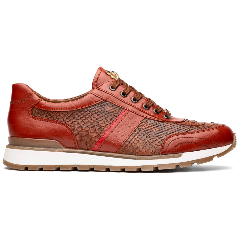 The Marco Di Milano Brescia Antique Cognac sneakers feature brown textured leather, a patterned design, lace-up fronts, white midsoles, and tan rubber outsoles. One shoe is propped against the other.