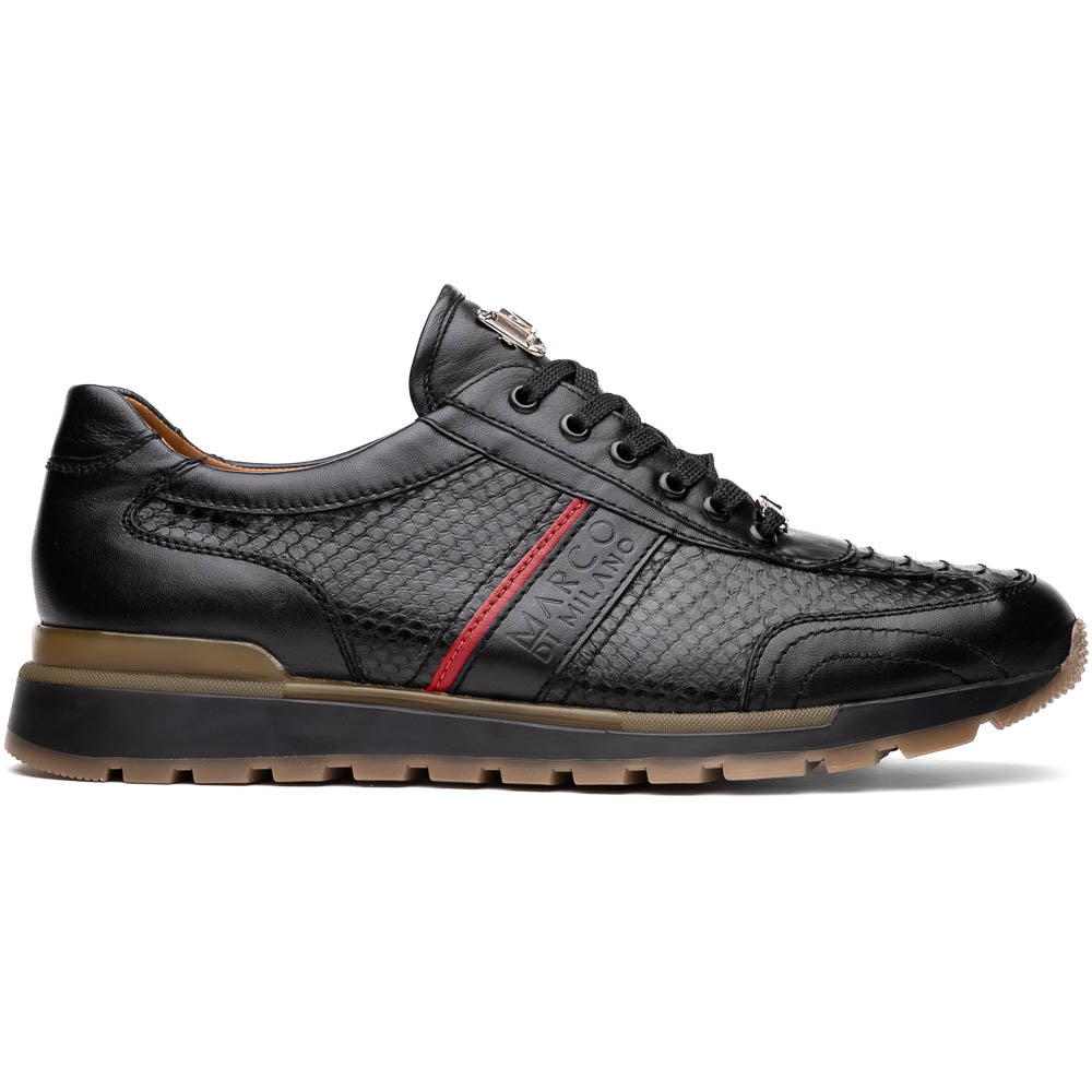 The Marco Di Milano Brescia Black sneakers feature textured black leather, black laces, a red side stripe, and brown rubber soles—one shoe stands upright while the other lies on its side.