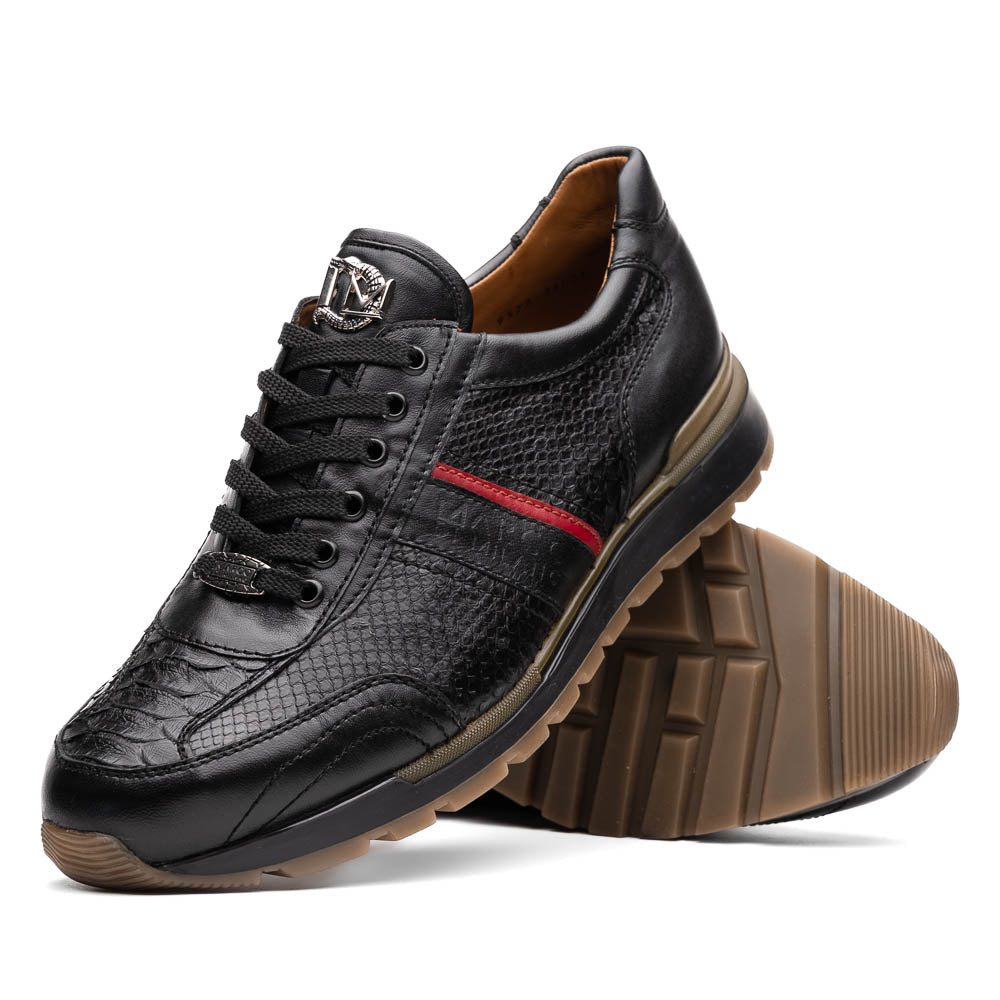 The Marco Di Milano Brescia Black sneakers feature textured black leather, black laces, a red side stripe, and brown rubber soles—one shoe stands upright while the other lies on its side.