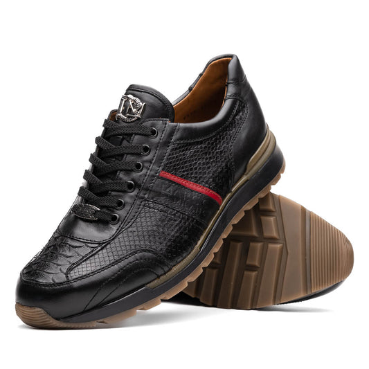 The Marco Di Milano Brescia Black sneakers feature textured black leather, black laces, a red side stripe, and brown rubber soles—one shoe stands upright while the other lies on its side.