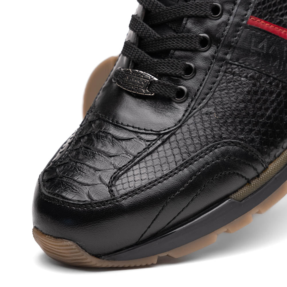 The Marco Di Milano Brescia Black sneakers feature textured black leather, black laces, a red side stripe, and brown rubber soles—one shoe stands upright while the other lies on its side.