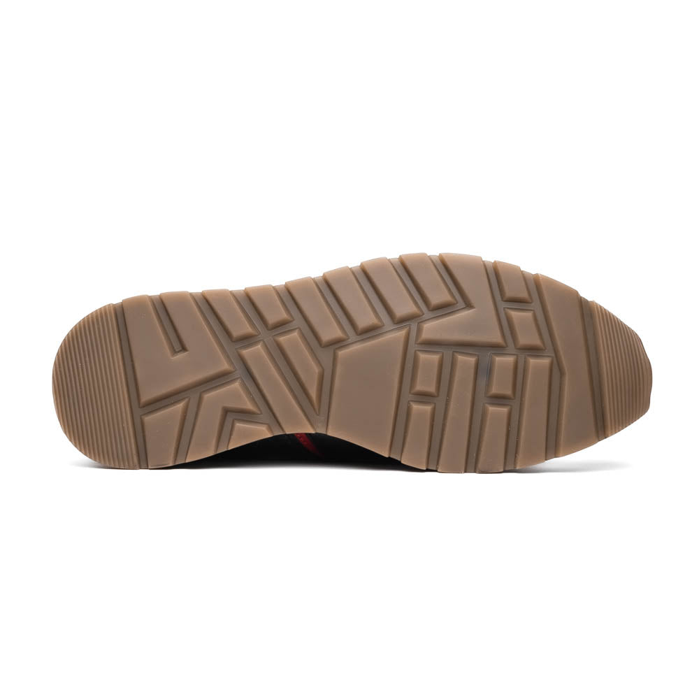 The Marco Di Milano Brescia Brown sneakers feature dark brown python-textured leather, a gold logo on the tongue, and a red stripe detail, with one shoe propped on the other—ideal for luxury footwear enthusiasts.
