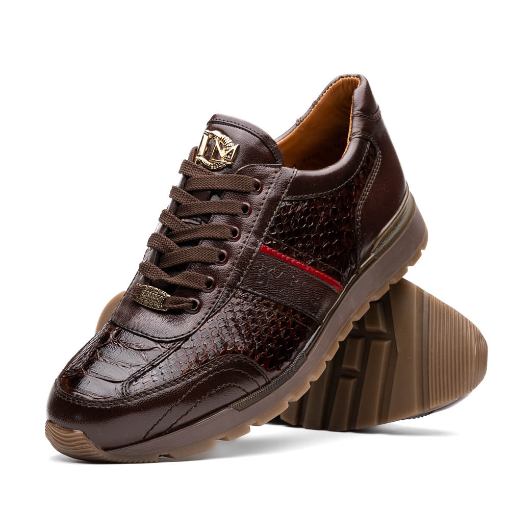 The Marco Di Milano Brescia Brown sneakers feature dark brown python-textured leather, a gold logo on the tongue, and a red stripe detail, with one shoe propped on the other—ideal for luxury footwear enthusiasts.